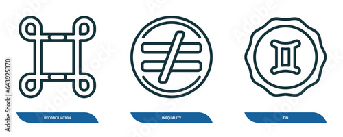 set of 3 linear icons from zodiac concept. outline icons such as reconciliation, inequality, tin vector