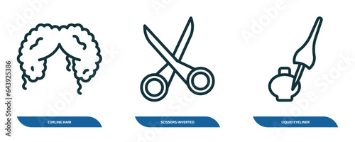 set of 3 linear icons from woman clothing concept. outline icons such as curling hair, scissors inverted view, liquid eyeliner vector