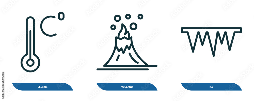 set of 3 linear icons from weather concept. outline icons such as celsius, volcano, icy vector set of 3 linear icons from weather concept. outline icons such as celsius, volcano, icy vector