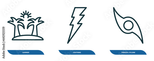 set of 3 linear icons from weather concept. outline icons such as summer, lightning, tropical cyclone vector