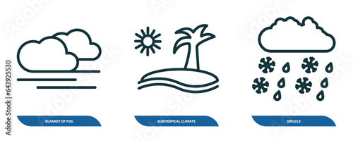 set of 3 linear icons from weather concept. outline icons such as blanket of fog, subtropical climate, drizzle vector
