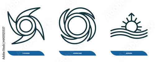 set of 3 linear icons from weather concept. outline icons such as typhoon, hurricane, aurora vector