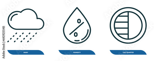 set of 3 linear icons from weather concept. outline icons such as rainy, humidity, last quarter vector