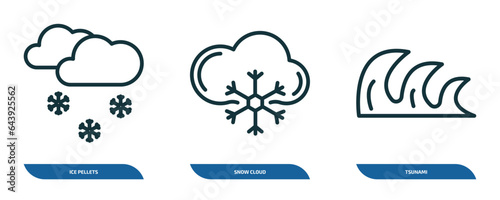 set of 3 linear icons from weather concept. outline icons such as ice pellets, snow cloud, tsunami vector