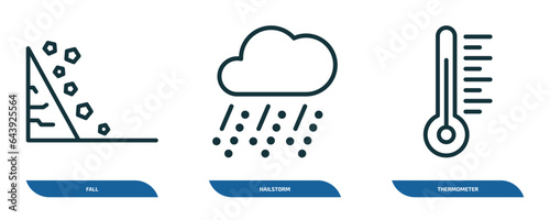 set of 3 linear icons from weather concept. outline icons such as fall, hailstorm, thermometer vector