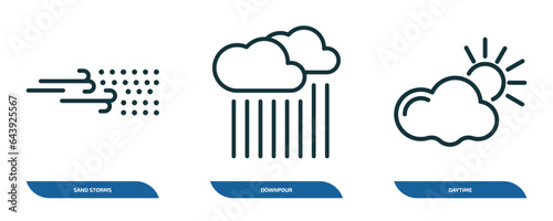 set of 3 linear icons from weather concept. outline icons such as sand storms, downpour, daytime vector