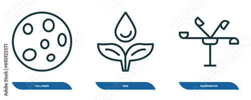 set of 3 linear icons from weather concept. outline icons such as full moon, dew, anemometer vector