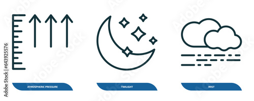 set of 3 linear icons from weather concept. outline icons such as atmospheric pressure, twilight, mist vector
