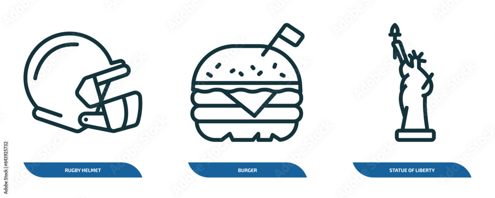 set of 3 linear icons from united states of america concept. outline icons such as rugby helmet, burger, statue of liberty vector set of 3 linear icons from united states of america concept. outline icons such as rugby helmet, burger, statue of liberty vector