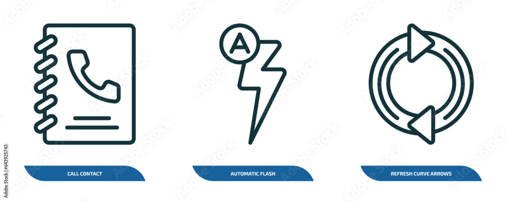 set of 3 linear icons from ultimate glyphicons concept. outline icons such as call contact, automatic flash, refresh curve arrows vector set of 3 linear icons from ultimate glyphicons concept. outline icons such as call contact, automatic flash, refresh curve arrows vector