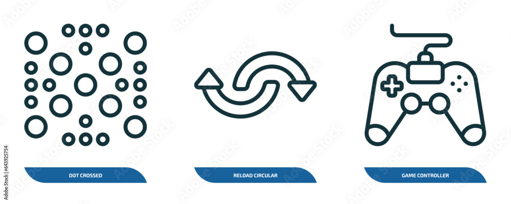 set of 3 linear icons from ultimate glyphicons concept. outline icons such as dot crossed, reload circular arrow, game controller cross vector
