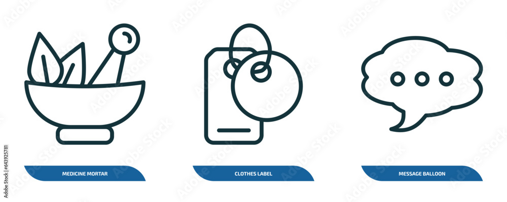 set of 3 linear icons from ultimate glyphicons concept. outline icons such as medicine mortar, clothes label, message balloon vector