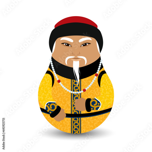 The Chinese emperor in a gold-embroidered suit and a red hat. Design tilting toy. Modern kawaii dolls for your business project. Flat vector.