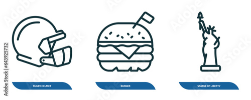 set of 3 linear icons from united states of america concept. outline icons such as rugby helmet, burger, statue of liberty vector