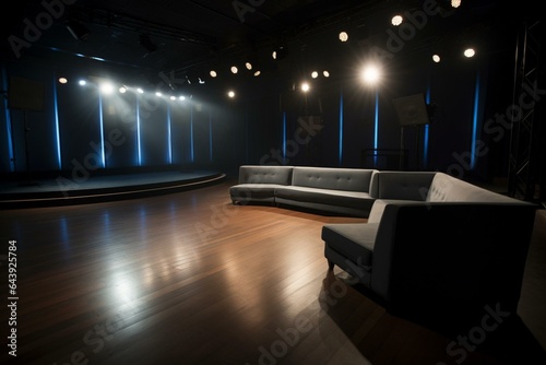 Sofa-filled stage with spotlights in a setting for debate  talk  or interview. Generative AI