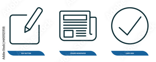 set of 3 linear icons from user interface concept. outline icons such as edit button, folded newspaper, check box vector