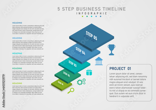 3d infographic 5 steps business multi colored squares stacked vertically numbers and text above left letter Multi-colored icon on the right and gray text outline in the middle.gray gradient background