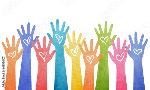 Colorful watercolor group of raising hands with hearts