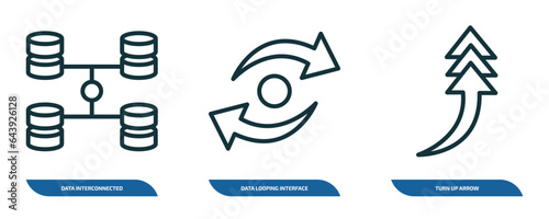 set of 3 linear icons from user interface concept. outline icons such as data interconnected, data looping interface, turn up arrow vector
