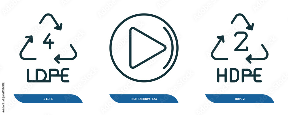 set of 3 linear icons from user interface concept. outline icons such as 4 ldpe, right arrow play button, hdpe 2 vector set of 3 linear icons from user interface concept. outline icons such as 4 ldpe, right arrow play button, hdpe 2 vector