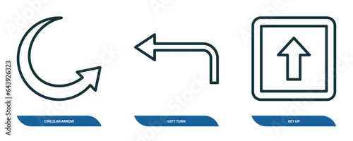 set of 3 linear icons from user interface concept. outline icons such as circular arrow, left turn, key up vector