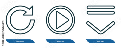 set of 3 linear icons from user interface concept. outline icons such as redo arrow, video play, drop down vector
