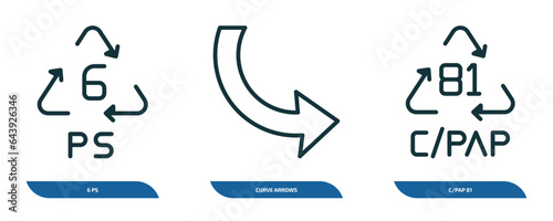 set of 3 linear icons from user interface concept. outline icons such as 6 ps, curve arrows, c/pap 81 vector