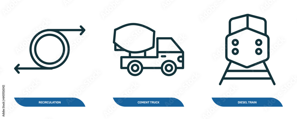 Fototapeta premium set of 3 linear icons from transport concept. outline icons such as recirculation, cement truck, diesel train vector