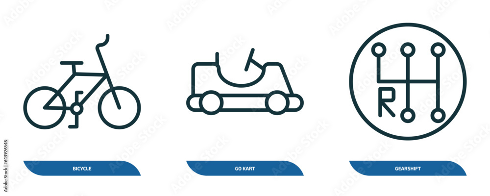 set of 3 linear icons from transport concept. outline icons such as bicycle, go kart, gearshift vector set of 3 linear icons from transport concept. outline icons such as bicycle, go kart, gearshift vector