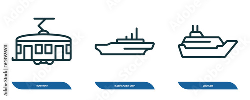 set of 3 linear icons from transportation concept. outline icons such as tramway, icebreaker ship, cruiser vector