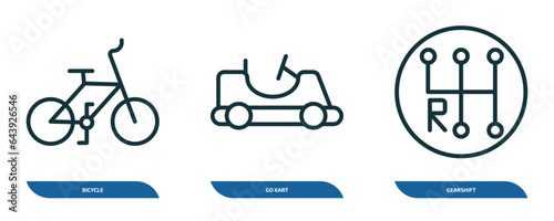 set of 3 linear icons from transport concept. outline icons such as bicycle, go kart, gearshift vector
