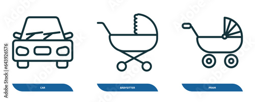 set of 3 linear icons from transport concept. outline icons such as car, babysitter, pram vector photo