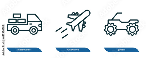 set of 3 linear icons from transport concept. outline icons such as loaded truck side view, flying airplane, quad bike vector