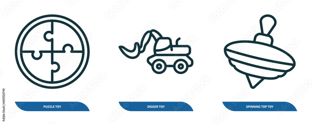 set of 3 linear icons from toys concept. outline icons such as puzzle toy, digger toy, spinning top toy vector set of 3 linear icons from toys concept. outline icons such as puzzle toy, digger toy, spinning top toy vector