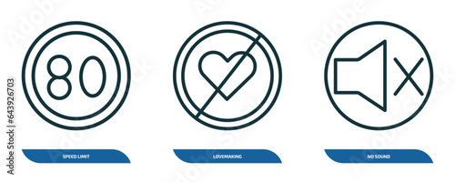set of 3 linear icons from traffic signs concept. outline icons such as speed limit, lovemaking, no sound vector