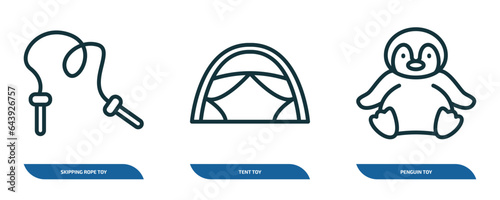 set of 3 linear icons from toys concept. outline icons such as skipping rope toy, tent toy, penguin toy vector