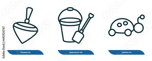 set of 3 linear icons from toys concept. outline icons such as spinning toy, sand bucket toy, ladybug toy vector