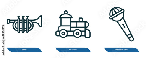 set of 3 linear icons from toys concept. outline icons such as et toy, train toy, microphone toy vector
