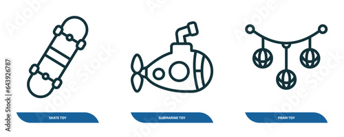 set of 3 linear icons from toys concept. outline icons such as skate toy, submarine toy, pram toy vector