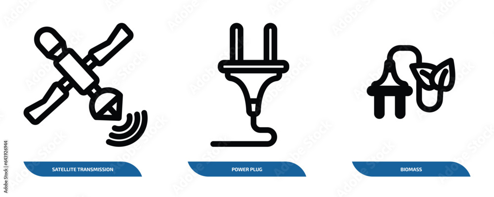 set of 3 linear icons from technology concept. outline icons such as satellite transmission, power plug, biomass vector set of 3 linear icons from technology concept. outline icons such as satellite transmission, power plug, biomass vector