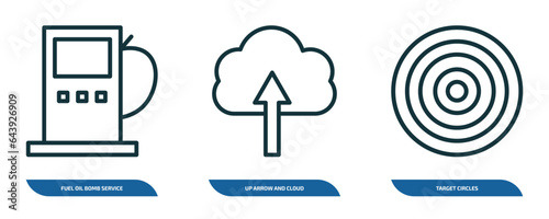 set of 3 linear icons from tools and utensils concept. outline icons such as fuel oil bomb service, up arrow and cloud, target circles vector