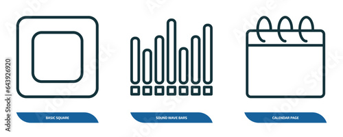 set of 3 linear icons from tools and utensils concept. outline icons such as basic square, sound wave bars, calendar page vector