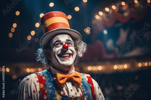 Photo of a playful clown with a colorful top hat and vibrant clown makeup created with Generative AI technology