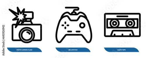 set of 3 linear icons from technology concept. outline icons such as photo camera flash, big joystick, caste tape vector