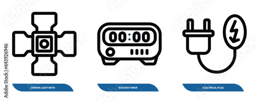 set of 3 linear icons from technology concept. outline icons such as cinema light with cable, kitchen timer, electrical plug vector