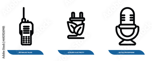 set of 3 linear icons from technology concept. outline icons such as big walkie talkie, ecologic electricity, big old microphone vector
