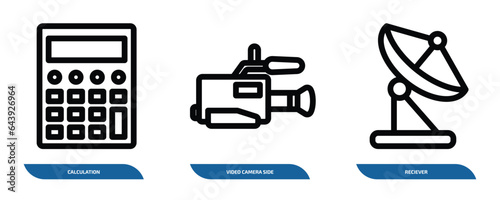 set of 3 linear icons from technology concept. outline icons such as calculation, video camera side view, reciever vector