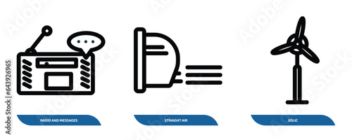 set of 3 linear icons from technology concept. outline icons such as radio and messages, straight air, eolic vector