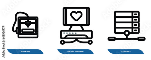 set of 3 linear icons from technology concept. outline icons such as 3d printers, electrocardiogram line, file storage vector