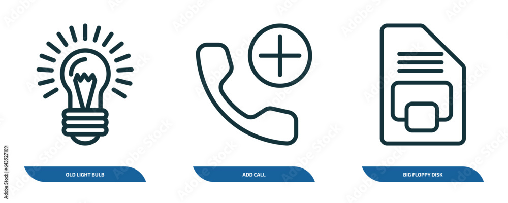 set of 3 linear icons from technology concept. outline icons such as old light bulb, add call, big floppy disk vector set of 3 linear icons from technology concept. outline icons such as old light bulb, add call, big floppy disk vector